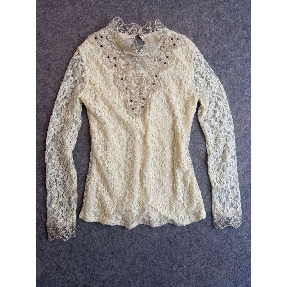 Vintage Sheer Lace Victorian Beaded Top Womens S Cream Pearl Embroidered Fairy